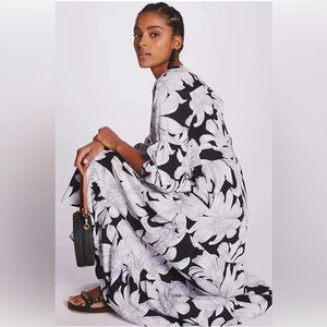 Anthropologie Maeve Black & White Floral Print Puff Sleeve Midi Dress